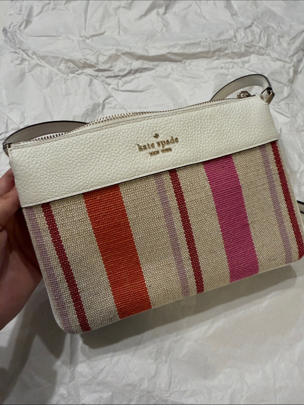 kate spade Cream Canvas Crossbody with Pink & Orange Stripes